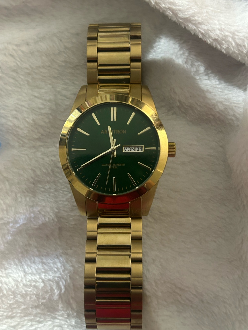 Armitron Gold-Tone Watch with Green Dial and Day-Date